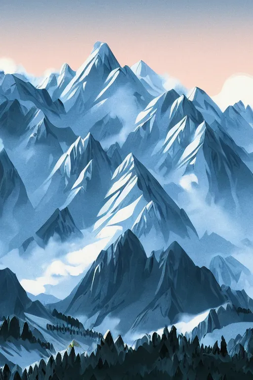 Image similar to mountain range and Alm in the Alps in the style of Heidi the cartoon, cartoon, intricate Details, concept art, matte painting, highly detailed, rule of thirds, dynamic lighting, cinematic, detailed, denoised, centerd, clean render