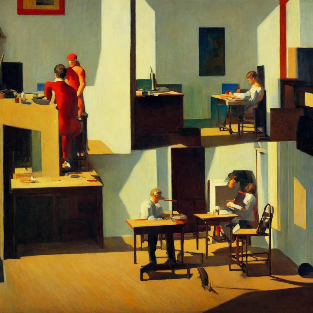 Image similar to painting of a artist, creating in his studio alone, in a huge studio, in the style of edward hopper