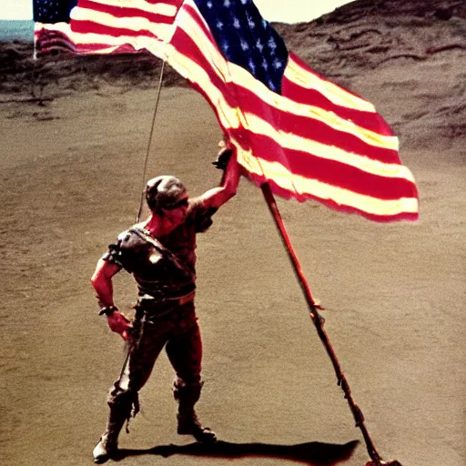 Image similar to roddy piper raising the flag on iwo jima, high detailed, intense, 8 k, photograph