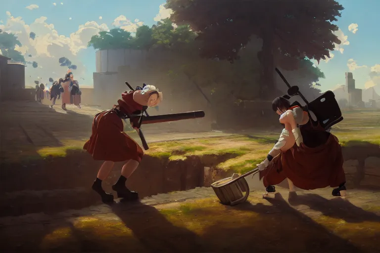 Image similar to baroque oil painting of anime key visual concept art of anime maid operating mortar 1 9 4 0 trenches colorized, trending on artstation, palette knife and brush strokes, oil on canvas, makoto shinkai greg rutkowski studio ghibli