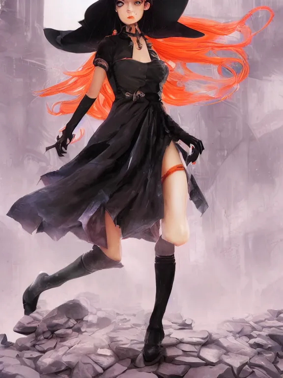 Prompt: Full shot of a cute mischievous young witch about to get up to some trouble. Latin American fashion. Black and Orange palette. Latina girl. From Encanto. By Ruan Jia and Artgerm and Range Murata and WLOP and CLAMP and Loish. Key Art. Fantasy Illustration. award winning, Artstation, intricate details, realistic, Hyperdetailed, 8k resolution.
