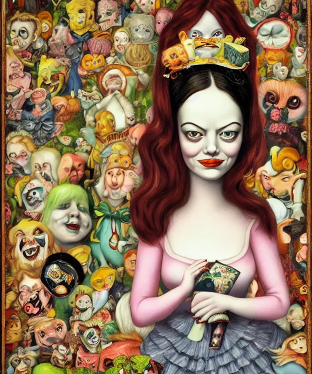 Image similar to portrait of Emma Stone in wonderland, lowbrow painting by Mark Ryden