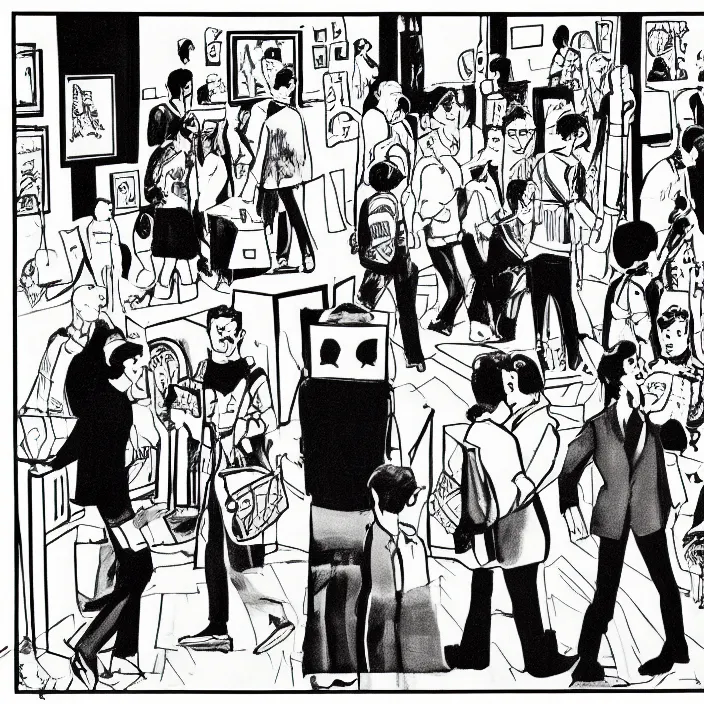 Image similar to a still frame from comic strip a visitors in a contemporary art gallery 1 9 9 0, new yorker illustration, monochrome contrast bw, lineart, manga