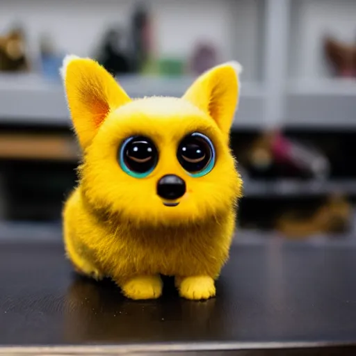 Image similar to photograph of a corgi furby toy on a store shelf