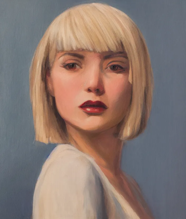 Prompt: a closeup portrait of woman with a blonde bob with bangs, frontal view, in the style of edward hopper, very fine brush strokes, 4 k,