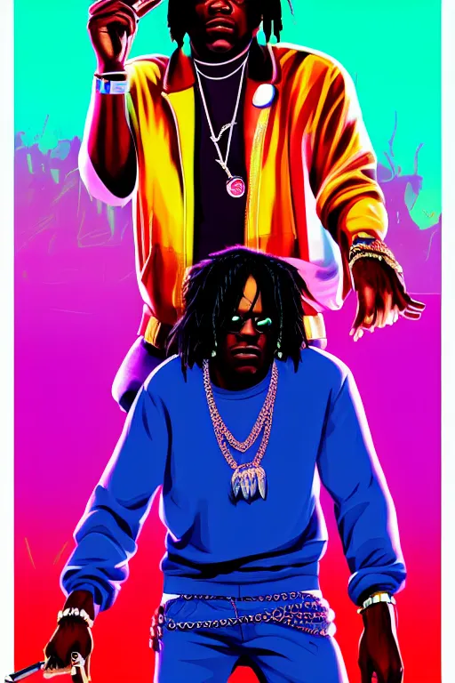 Image similar to chief keef with riffle, gta vice city style, pop art, no duplicate image, glowing lights, ultra details, digital painting, artstation, concept art, smooth, sharp focus, illustration, intecrate details, art by richard hamilton and mimmo rottela, pixels art by kirokaze and paul robertson