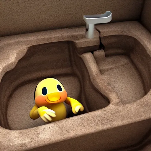 Image similar to photo of waddle dee squeezing out of the sink hole