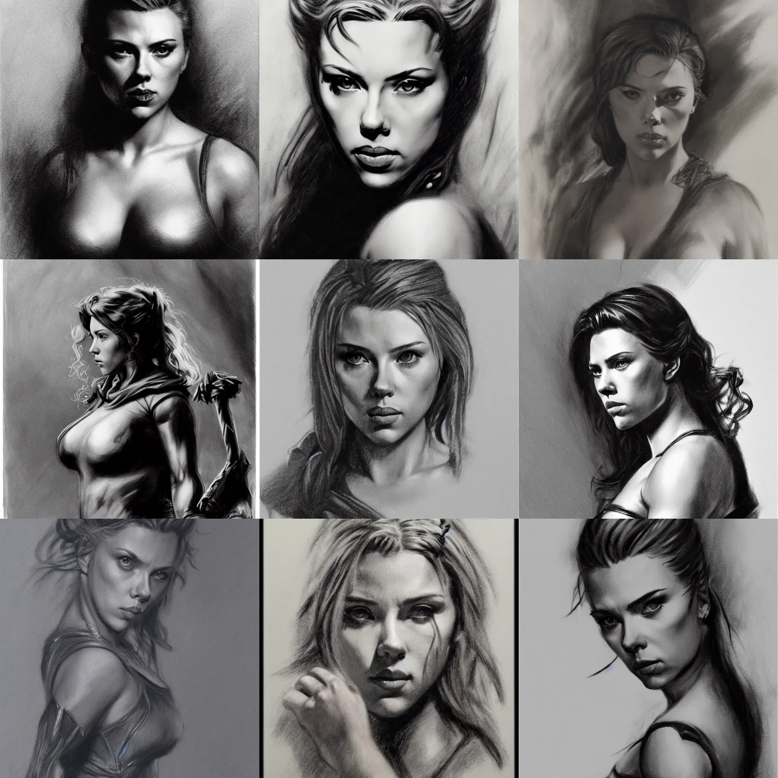 Prompt: frank frazetta charcoal of scarlett johansson d & d rogue, full figure centered in portrait, 8 k, realistic, photo real, smooth, sharp, intricate detail, hyper detail, dramatic lighting, dramatic shading