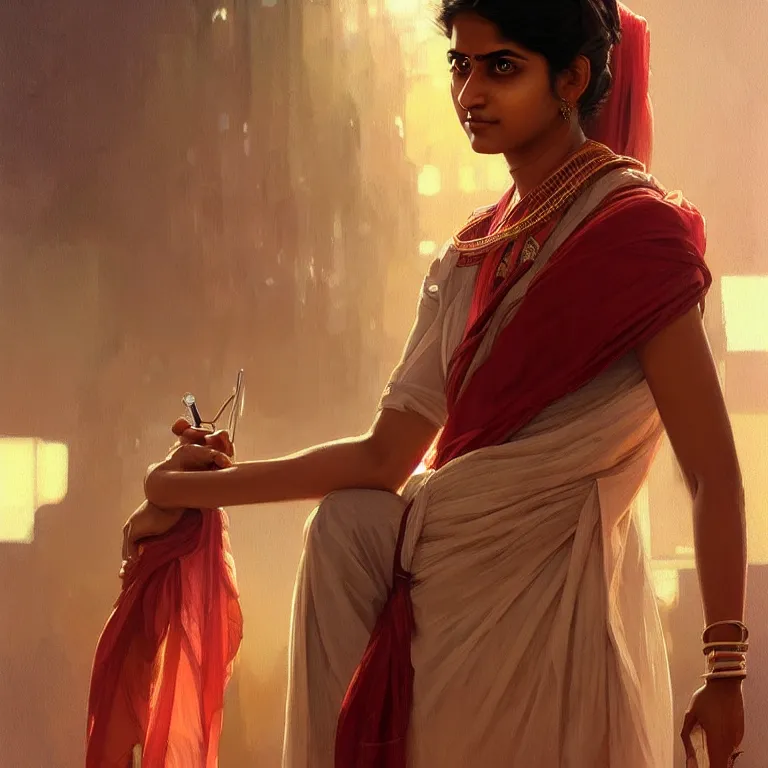 Image similar to Anxious pretty young Indian doctor waiting for her flight, portrait, sci-fi face, elegant, highly detailed, digital painting, artstation, concept art, smooth, sharp focus, illustration, art by artgerm and greg rutkowski and alphonse mucha