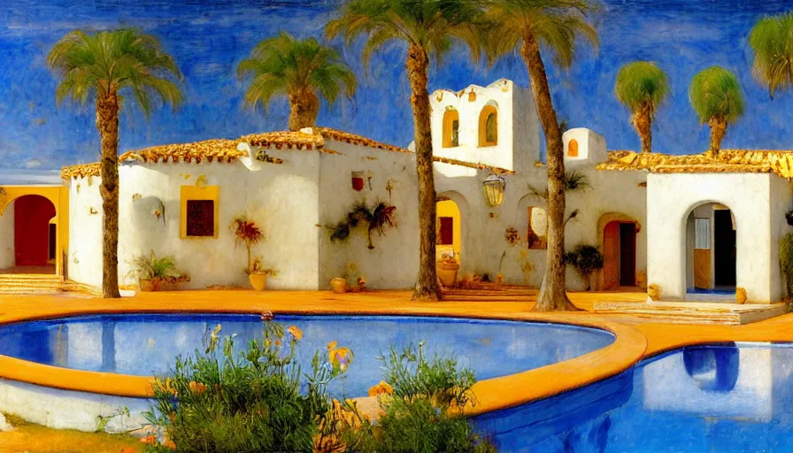 Image similar to a 1 9 9 8 southern spain house!!! costa blanca, designed by bispo do rosario, arnold bocklin, jules bastien - lepage, tarsila do amaral, arthur and gustave baumann, cheval michael, warm, mediterranean, star, sharp focus, colorful refracted sparkles and lines, soft light, 8 k 4 k