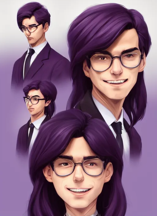 Image similar to a sly and confident male debaters with purple clothes and dark hair, bad smile, character, closeup headshot, in the style of artgerm, artstation, cgsociety, wlop, alexis franklin, charlie bowater, 8 k, detailed