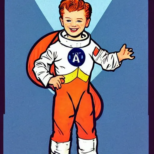 Image similar to a cute little boy with a mischievous face and short ginger hair. he is dressed as an astronaut. well composed, clean elegant painting, beautiful detailed face. comic book art by steve ditko and jack kirby and ( alphonse mucha )