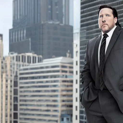 Image similar to Jon Favreau as clean-shaven Happy Hogan wearing a black suit and black necktie and black dress shoes is climbing up the side of a tall building in an urban city. The sky is filled with dark clouds and the mood is ominous.