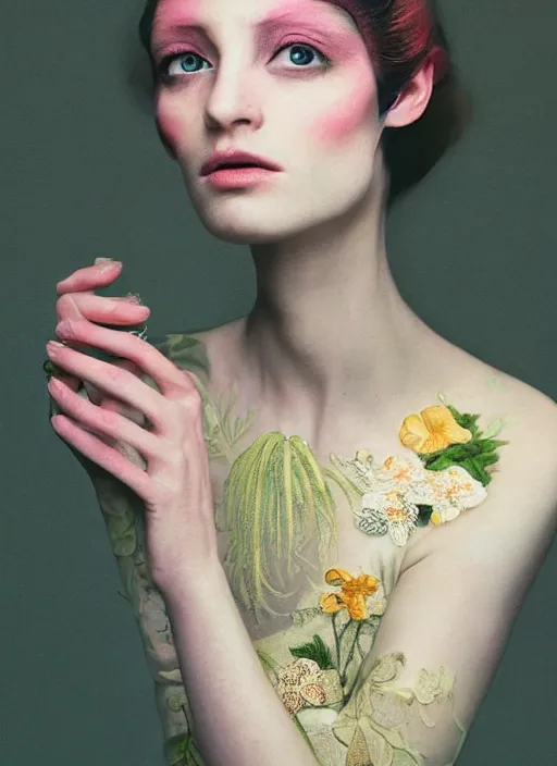 Prompt: Kodak Portra 400, 8K, soft light, volumetric lighting, highly detailed, fine art portrait photography in style of Paolo Roversi, britt marling style 3/4 face morphing with tropical pastel colors fishes, metamorphosis complex 3d render , 150 mm lens, art nouveau fashion embroidered, intricate details, elegant, hyper realistic, ultra detailed, octane render, etheric, outworldly colours, emotionally evoking, head in focus, fantasy, ornamental, intricate, elegant, 8K, soft light, volumetric lighting, highly detailed, Refined, Highly Detailed, soft lighting colors scheme, fine art photography, Hyper realistic, photo realistic