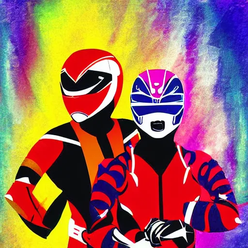 Prompt: the power rangers as motorcycle racers, digital art, colorful, messy art