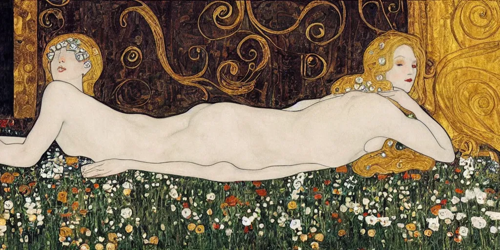 Prompt: a fresco of a blonde maiden in a white gothic dress, lying on the floor of a church, surrounded by golden decorations, white marble, some white flowers, in a luxurious style, by klimt