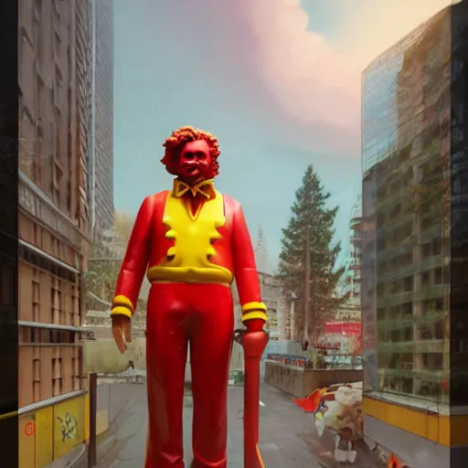 Image similar to ronald mcdonald statue in the world by beeple, darek zabrocki, tyler edlin, jordan grimmer, neil blevins, james paick, natasha tan, highly detailed, ultra detailed, ultra realistic, trending on artstation