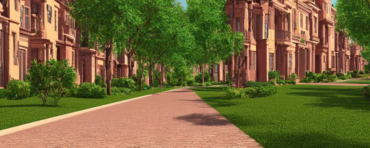 Prompt: brownstone residential landscape lined up in a straight line like the background of pixar animation, a two - lane road, flowers in a flower bed, a big tree by the side of the road, and a warm and comfortable atmosphere, perspective view, 3 d animation background