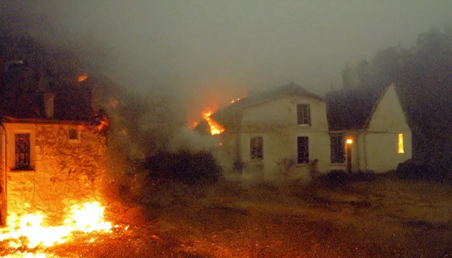 Image similar to mini dv camera found footage of a heavy burning french style little house by night, rain, foggy, in a small northern french village, heavy grain, very low quality, high detail, dramatic light