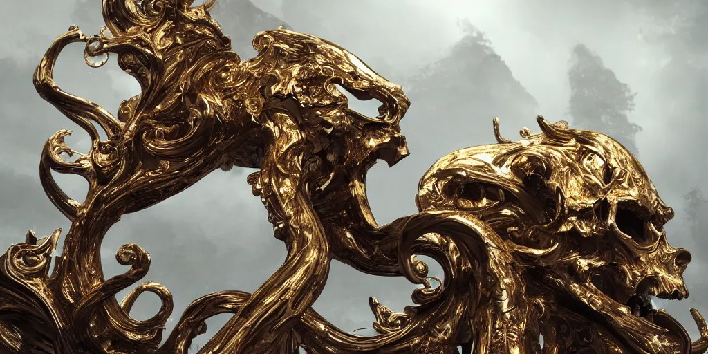 Image similar to white bird skulls, gold ram skulls, copper goat skulls, grand imposing powerful sculpture. swirls of mist. occult photorealism, uhd, amazing depth, volumetric lighting, cinematic lighting. epic landscape.