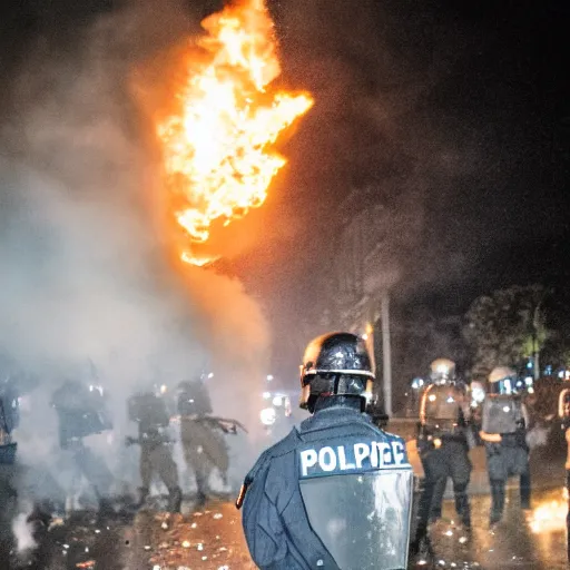 Image similar to portrait of a policeman head on fire during a riot, centered, at night ,editorial photography