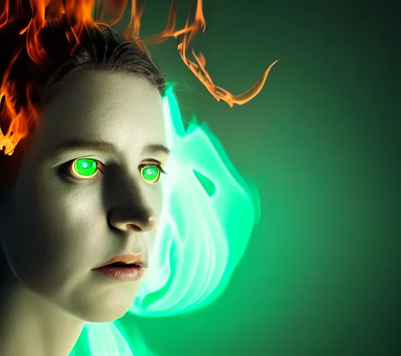 Image similar to portrait of a woman with horns made of flames and glowing green eyes, in the wisps of thick smoke, looking into the camera, studio photography, studio lighting, realistic render, octane render, 4 k, 8 k, face in focus