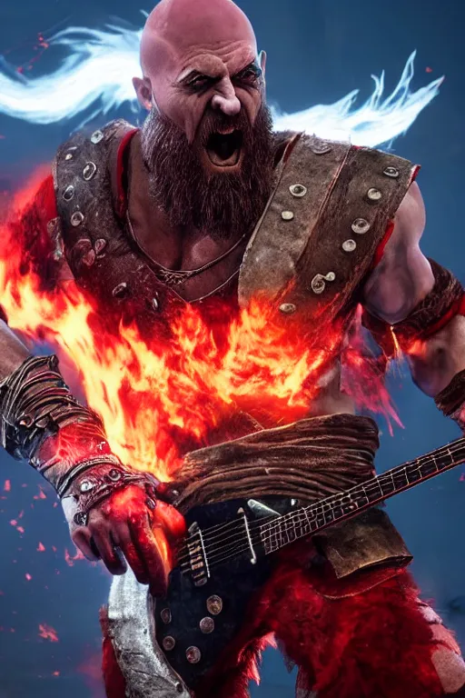 Image similar to screaming kratos rocking out on a flaming stratocaster guitar, cinematic render, god of war 2 0 1 8, playstation studios official media, lightning, flames, red facial stripe, red facial stripe, red facial stripe, clear, coherent