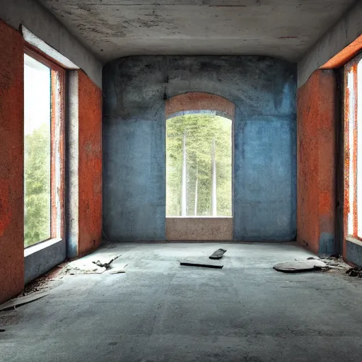 Prompt: abandoned ancient concrete interior, large open room, gentle blue and orange lighting, futuristic, angular design