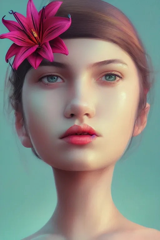 Prompt: photo of a girl with a lily flower on her head instead of hair in vibrant lighting, elegant, highly detailed, smooth, sharp focus, illustration, beautiful, geometric, trending on artstation, cinematic, artwork by WLOP