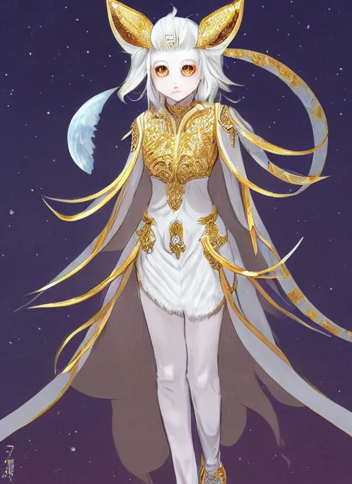 Image similar to commissioned full body portrait of a female anthro wolf princess fursona with white hair wearing a white and gold Japanese armored dress in a white and gold palace on a starry night with a large crescent moon, by a professional manga illustrator, Stanley Artgerm Lau, WLOP, Rossdraws, James Jean, Andrei Riabovitchev, Marc Simonetti, and Sakimichan, trending on artstation