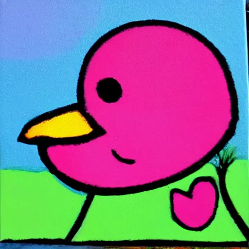 Image similar to the painting is a yellow duck with a pink beak and a blue head.