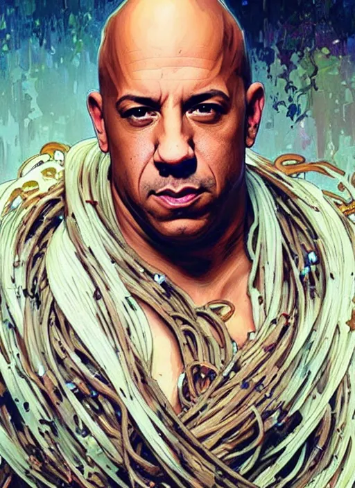 Prompt: vin diesel covered in spaghetti, painting by artgerm and greg rutkowski and alphonse mucha