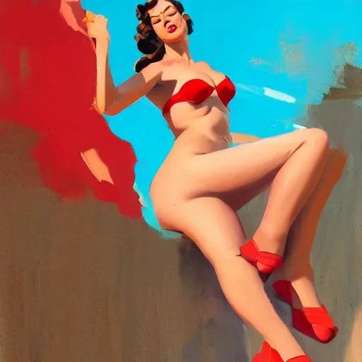 Prompt: pinup of iza in a red bikini thong, artwork by greg manchess, medium shot, asymmetrical, organic painting, sunny day, matte painting, bold shapes, hard edges, street art, trending on artstation, by huang guangjian and gil elvgren and sachin teng