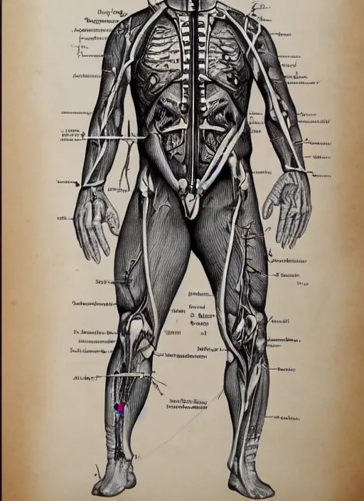 Prompt: vintage medical anatomical illustration of jason voorhees from friday the 1 3 th, highly detailed, labels, intricate writing