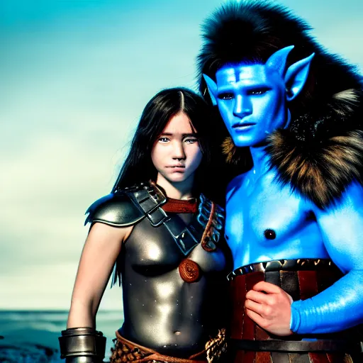 Image similar to a male DND barbarian wearing leather armor and fur holding a small blue-skinned Triton girl with black hair, high resolution film still, 4k, HDR colors, a dnd Triton girl with blue skin and messy black hair