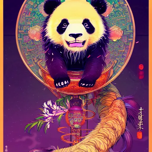 Image similar to a beautiful hyperdetailed character design 4 k wallpaper illustration of a cute panda with a chinese lion dance head victo ngai cyberpunk style, from china, style of studio ghibli, makoto shinkai, raphael lacoste, louis comfort tiffany, artgerm, james jean, ross tran, chinese style