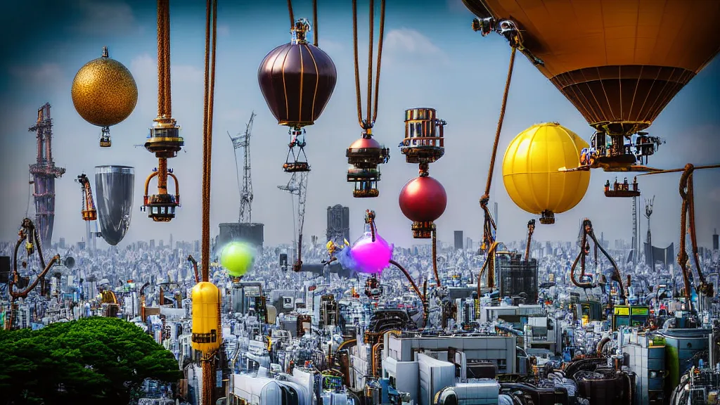 Prompt: large colorful futuristic space age metallic steampunk steam - powered balloons with pipework and electrical wiring around the outside, and people on rope swings underneath, flying high over the beautiful tokyo city landscape, professional photography, 8 0 mm telephoto lens, realistic, detailed, photorealistic, photojournalism