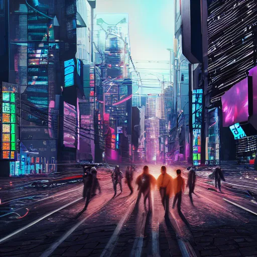 Image similar to landscape bunch of people running away scared from cryptocurrency logo standing in the city, cyberpunk, artstation, hyperdetailed, hdr, 8 k