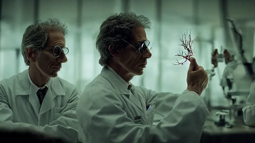 Prompt: the scientist creates new life, film still from the movie directed by denis villeneuve and david cronenberg with art direction by salvador dali, wide lens