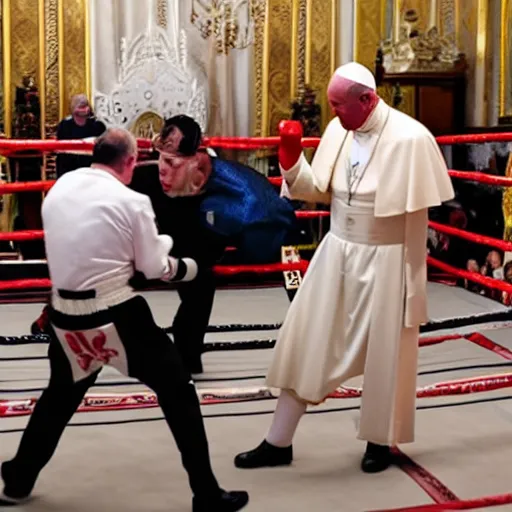 Prompt: the queen of england viciously attacks the pope in a boxing ring, blood goes everywhere, massive crowd epic fight scene