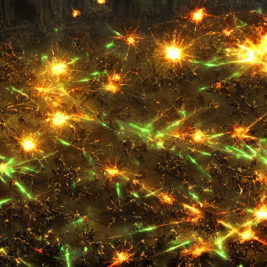 Image similar to medieval battle, small light green explosion, hyperdetailed, movie scene, cinematic lights, 3 d photorealistic