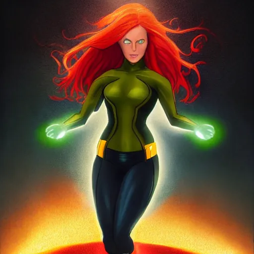 Image similar to jean grey, a full body portrait of jean grey, green eyes, red hair, phoenix rising, flames, flying, comic, x - men, highly detailed, artstation, deviantart, symetry, digital painting, vivid colors, realistic shaded perfect face, volumetric lighting, atmospheric, sharp focus, moody, art by artgerm and greg rutkowski, 8 k