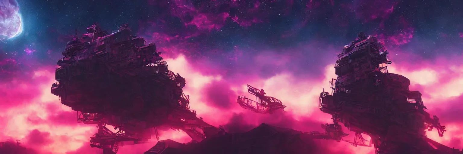 Image similar to space, hyperdetailed illustration, portrait big dark dog, mohawk, stars, pink, neon, oil painting, rich deep colors masterpiece, pirate neon ship, ultra detailed, contrast, heaven pink, clouds, volumetric light, atmospheric lighting, dramatic, cinematic, moody, octane render 4 k, 8 k