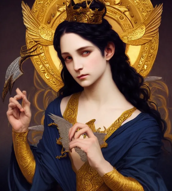 Image similar to god of death, young male, in the underworld, elegant dark blue dress, very detailed, throne, very intricate details, jewelry, gold eyeshadow, elaborate long black hairstyle, wings, cinematic, artstation, william bouguereau, alphonse mucha, greg rutkowski, rossdraws, octane render