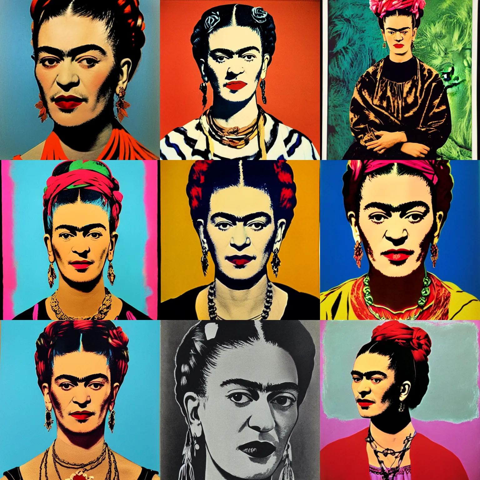 Prompt: Portrait of Frida kahlo in 1970 by Andy Warhol-H 768