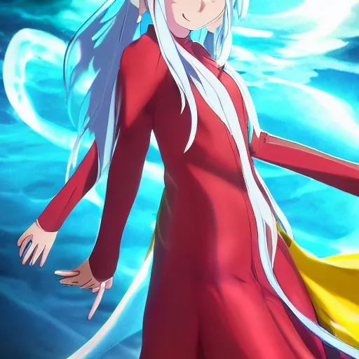 Image similar to rimuru tempest from that time i got reincarnated as a slime, with long blue hair in a ponytail, with bangs, pale skin, yellow eyes, fully clothed in red robes, highly detailed, 8 k, octane render, trending on pixiv, realistic, volumetric lighting, rippling water, sprites, god rays,