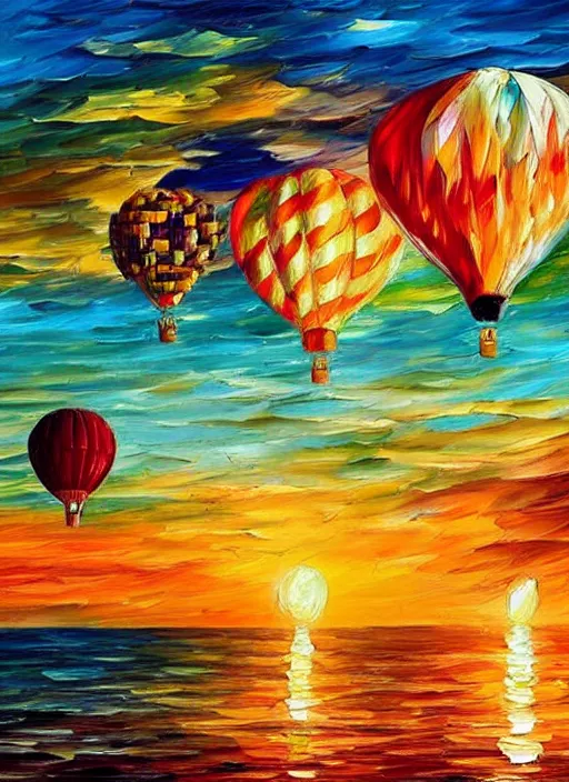 Image similar to beautiful hot air balloons over the ocean at sunset in the style of leonid afremov