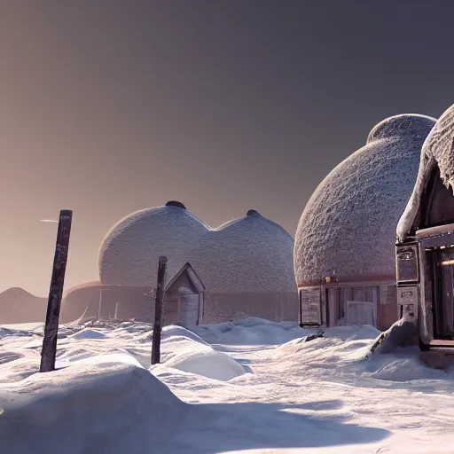 Image similar to a snowy village on mars, 8 k, highly detailed, unreal engine render