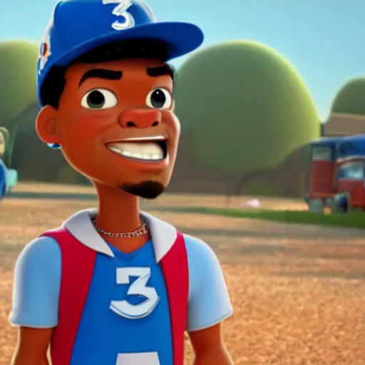 Image similar to a tv still of Chance The Rapper starring in a 2006 Pixar Animated movie