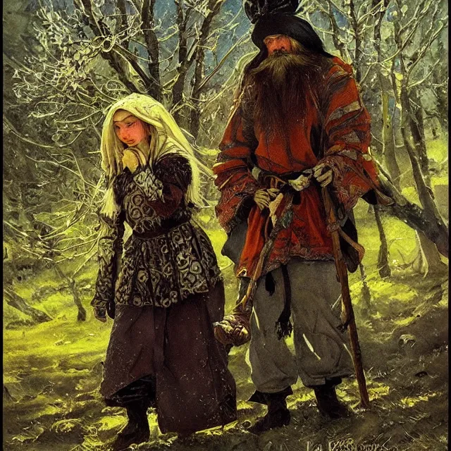 Image similar to russian folk fairytale, story, fable, dramatic, fantasy art, an ultrafine detailed painting, academic art, artstation, by pavel korin, viktor vasnetsov